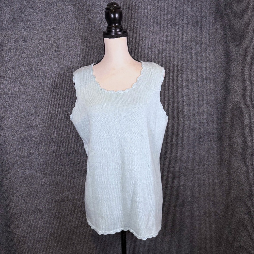 Modern Soul Knit Top Women XL Pastel Blue Linen Cotton Scalloped Crochet Trim